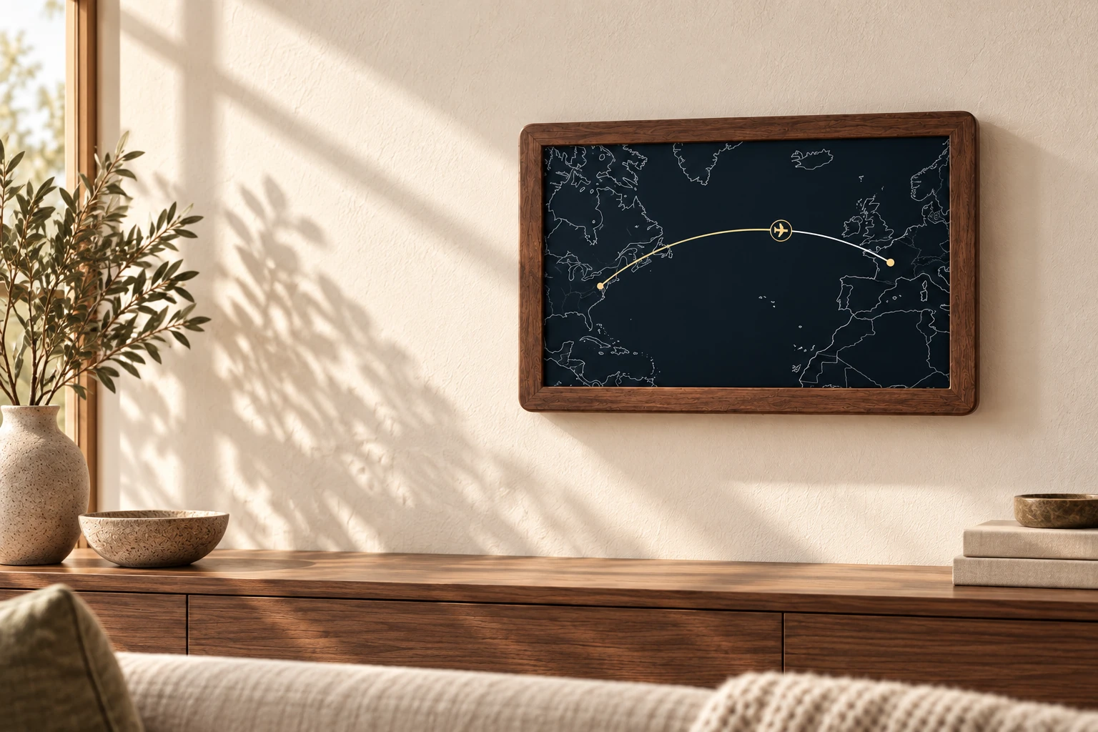 Concept render of a walnut ORBIT frame displaying a flight route in a sunlit living room