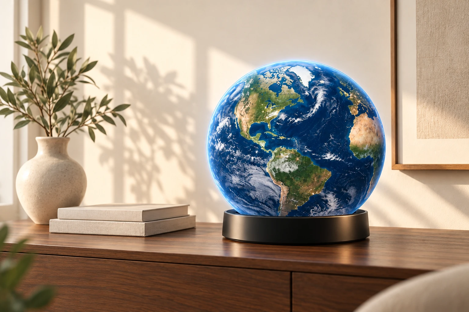 Concept render of a glowing ORBIT Earth globe on a low dark base in a home